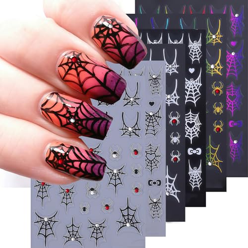 6 Sheets Shining Crystal Diamond Spider Web Nail Stickers for Nail Art Self-Adhesive Halloween Nail Decals Spider Web Spiders Stickers Fall Holiday DIY Manicure Decoration Supplies Sticker for Women - style: Diamond Spider