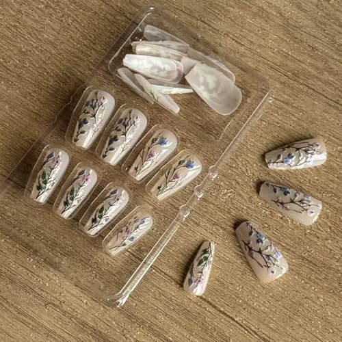 24Pcs Flower Press on Nail Long Coffin Fake Nails with designs 3D Floral Stick on Nail Glossy Milky White Press ones Full Cover Reusable Spring Glue on Nails Summer False Nails for Women - color: s37