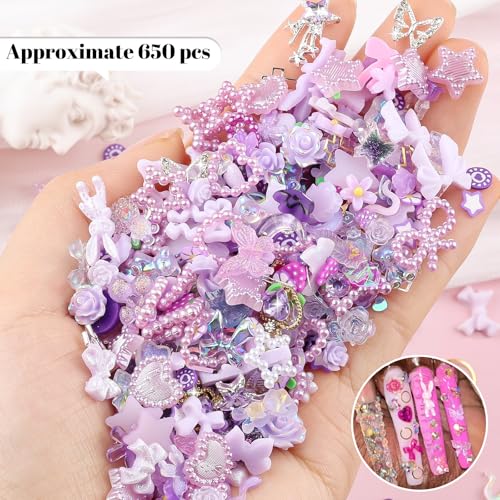 650PCS 3D Resin Nail Charms and Gems Purple Flower Bow Butterfly Charms - color: Purple