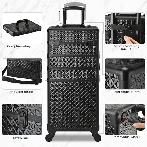 Rolling Makeup Case, Makeup Train Case with Lid, 5 in 1 Cosmetology Case on Wheels, Christmas Gift, Large Makeup Case Organizers, Profesional Cosmetic Case for Salon Barber,Black - color: Black
