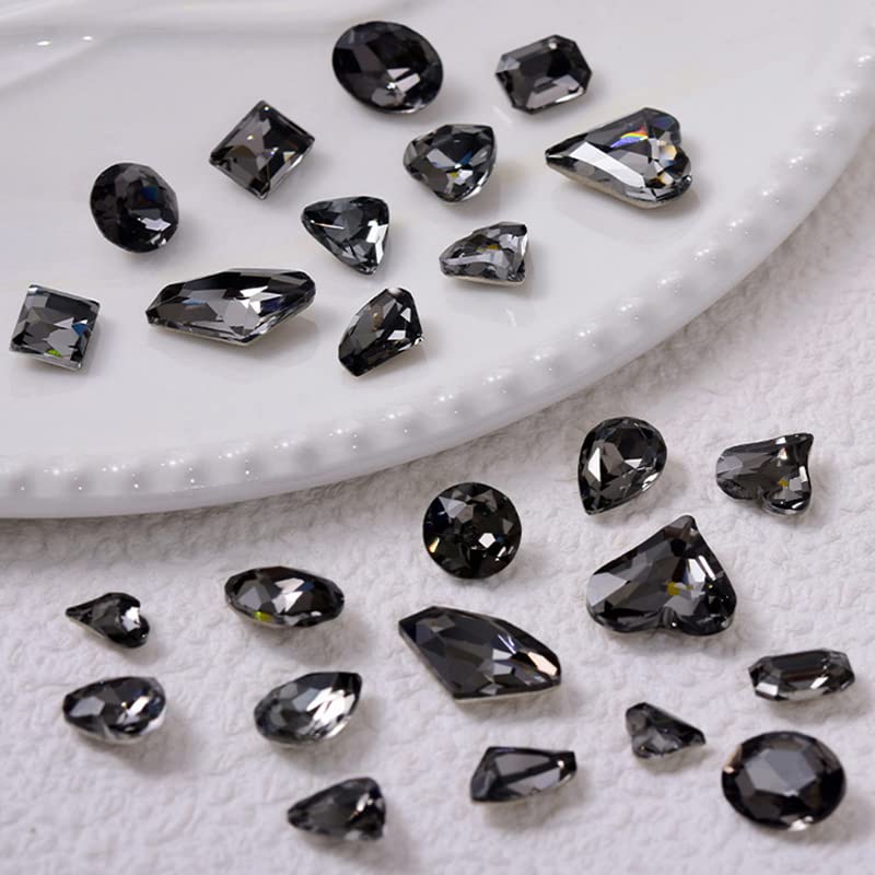 48 Pcs Big Mix Sizes Different Shape Nail Rhinestones 12 Styles 3D Glass Crystals Diamonds Love Distorts Heart Super Shiny Charms Gems Stones DIY Nail Art Decoration Craft Jewelry (Transparent Black) - color: Transparent black