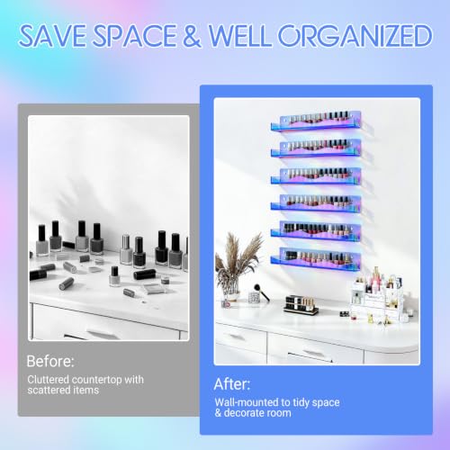15" Nail Polish Wall Rack 6 Pack, Wall Mounted Organizer Holds 66+ Bottles - color: Iridescent