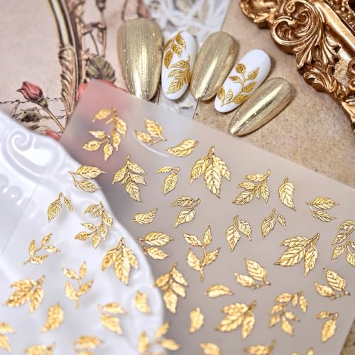 1 Sheet Fall Gold Leaf Nail Stickers 5D Embossed Self-Adhesive Nail Decals Metallic Leaves Nail Design Nail Stickers Autumn Golden Leaves Thanksgiving Supplies for Women Nails Decoration Accessories - color: Gold Leaf