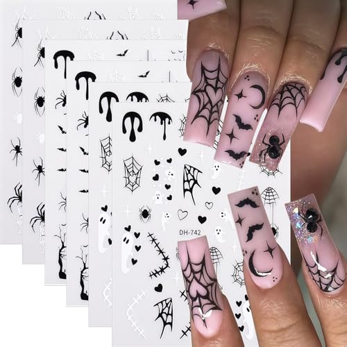 6 Sheets Halloween Nail Art Stickers Nail Decals 3D Self-Adhesive Spider Web Spider Cute Ghost Bat Nail Stickers Design Fall Holiday Salon DIY Nails Decoration Accessories for Women - style: Spooky