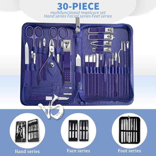 Manicure Set, 30 in 1 Manicure Set Professional, Andrea Nail Care kit, Nail Clipper Set, Pedicure kit with Deluxe Travel Nail kit Leather Bag, Nail Clippers (Blue) - color: 30 in 1 Blue