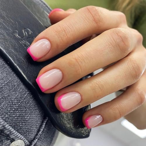 SXVME 30 Pcs Hot Pink French Tip Press on Nails Short Square Nails Press ons, Short Fake Nails Coffin Acrylic French Glue on Nail False for Women, Natural 15 Sizes - color: square hot pink
