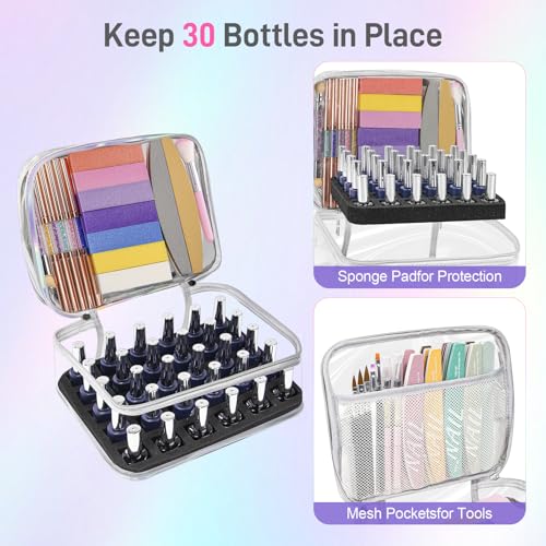 Beloving Nail Polish Organizer, Clear Double Tier Nail Storage Organizer Case Holds 30 Bottles, Portable PVC Nail Tech Bag with Dividers, Nail Polish Supplies Travel Case for Display - color: 7.lridescent, size: 1 Count (Pack of 1)