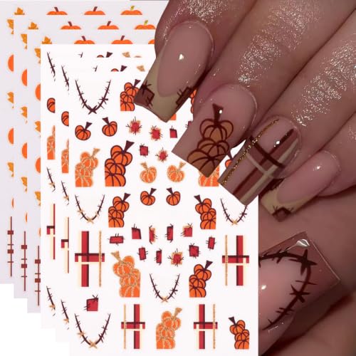 Halloween Pumpkin Nail Art Stickers Maple Leaf Pumpkin Nail Art Decals 6 Sheets 3D Self-Adhesive Stickers Plaid Stripes Nail Decals for Women Halloween Nail Supplies Fall Nail Decorations - color: Halloween Style6