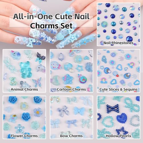 2000Pcs Junk 3D Nail Charms Bulk Y2k Cute Nail Gems for Nails Design Kit - color: Blue