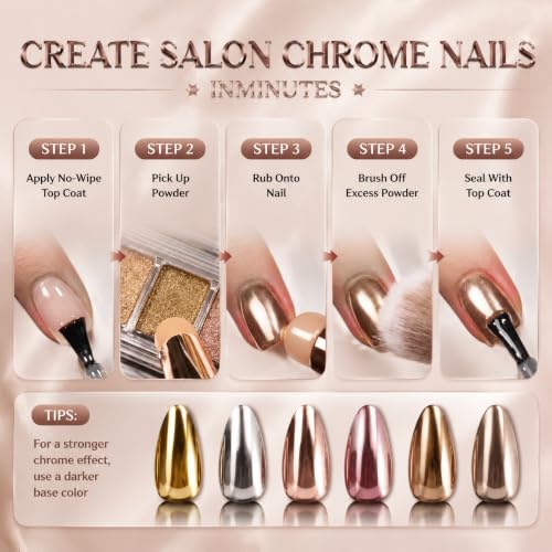 AILLSA Solid Chrome Nail Powder Kit, Metallic Mirror Effect Pigment
