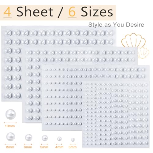 qiipii 4 Sheets Pure White Flatback Pearls Stickers Self Adhensive Solid White Half Pearls Stick On Jewels 3/4/5/6/8/10 mm Multi Sizes Gems Stick on for Nails Face Eyes Hair Makeup Clothing Crafting - color: Pure White Pearls, size: Multi-Size