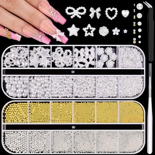 Nail Beads and Flatback White Pearls for Nails 3D Bows Star Nail Charms - color: 03 2 Boxes Nail Art Decos Set 7