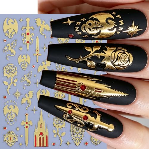 Halloween Nail Art Sticker Sword Castle Nail Sticker 6Pcs Gold Gothic 3D Self-Adhesive Pumpkin Spider Web Dragon Nails Decals Pumpkin Castle Nail Supplies Accessories for Halloween Manicure Decoration - color: Sword Castle