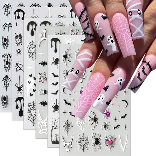 Halloween Nail Stickers for Nail Art 6 Sheets Self-Adhesive Spider Web Ghost Diamond Spider Bat Nail Art Stickers Halloween Spooky Decals Spiders Bat Sticker Holiday DIY Manicure Decoration for Women - style: Fall