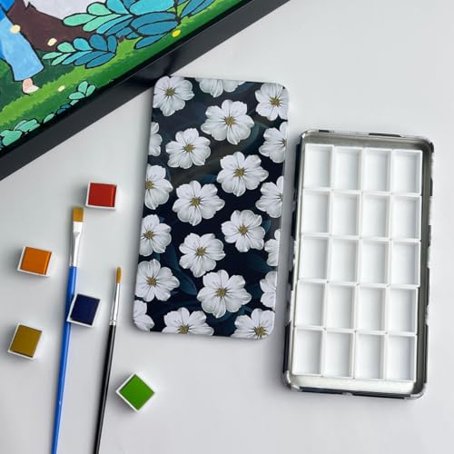 FCLUB Empty Watercolor Palette Tin Box with 20 Full Pans & Magnetic Squares - color: White Flower, size: 6.7" x 6.7" x 0.6"
