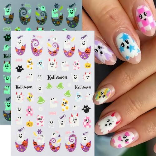 8Sheets Halloween Glow in The Dark Ghost Nail Stickers 3D Self-Adhesive Luminous Ghost Nail Art Decals Spider Web Pumpkin French Nails Design Bats Star Moon Nail Supplies Nail Decorations for Women - style: pumpkin