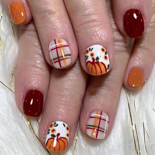 Fall Press on Nails, Thanksgiving Day False Nails, Short Square, 24Pcs - color: Style-24