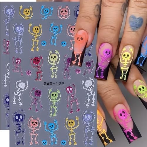 Halloween Nail Art Stickers Skull Nail Art Decals 3 Sheets Colorful Skeleton Bones Skeleton Self-Adhesive Stickers 5D Embossed Skull Nail Decals for Women Halloween Nail Supplies Nail Decorations - color: Halloween Style1