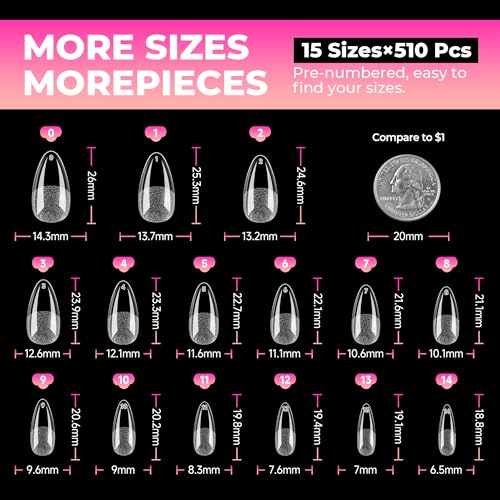 UNA GELLA 510Pcs Almond Gel Nail Tips 15 Sizes Pre-Etched Full Cover