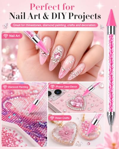14Pcs Rhinestone Picker Tool 3 Bedazzling Pen, 6 Wax Tips&2 Tweezer - color: White pink