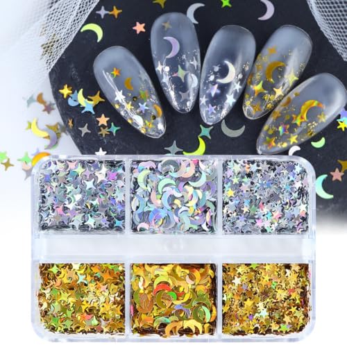 Gold Silver Nail Art Glitter Sequins Star Moon Holographic Nail Flakes - color: Style04