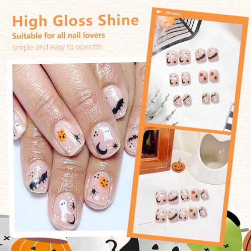 Halloween Press on Nails Cute Little Ghost Pumpkin Designs False Nails Extra Short Square Bats Fake Nails Glue on Nails Pink Glossy Acrylic Nails Full Cover Halloween Stick on Nails for Women 24 Pcs - color: Style 16
