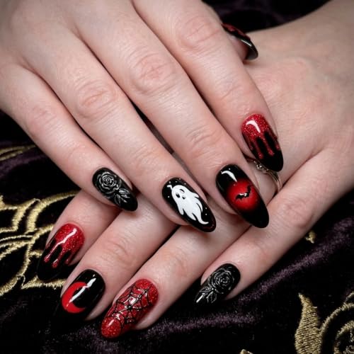 Halloween Press on Nails Medium Almond, Red and Black Gothic False Nails 30Pcs - color: halloween-design16