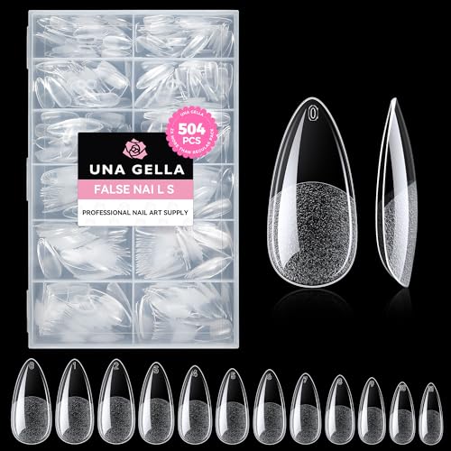 UNA GELLA Almond Gel Nail Tips 504PCS Pre-Etched Clear Fake Nails Tips