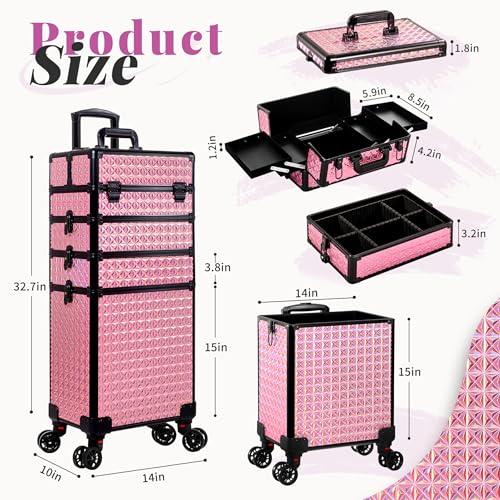 AROUS 5 in 1 Rolling Makeup Train Case with Lid Cosmetology Case on Wheels - color: Pink