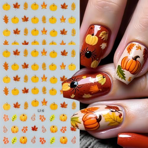 6 Sheets Fall Nail Stickers Thanksgiving Nail Decals 3D Self-Adhesive Glitter Autumn Maple Leaves Pumpkin Design Stickers Fall Maple Leaf Nail Art Sticker for Women Holiday DIY Manicure Decoration - style: Thanksgiving