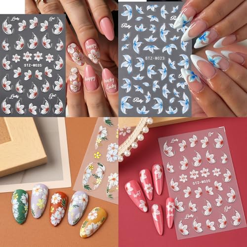 Flower Nail Stickers 5D Emboss Self-Adhesive Stickers White Floral Nail Art Decals with Daisy Lily Design Spring Summer Decals for Women 3 Pcs - color: Daisy and Lily