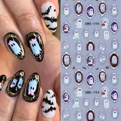 Halloween Silver Frame Ghost Nail Art Stickers Pumpkin Bat Nail Art Decals 3 Sheets 5D Self-Adhesive Ghost Nail Stickers Castle Bat Nail Design for Women Halloween DIY Nail Supplies Decorations - color: Halloween Style14