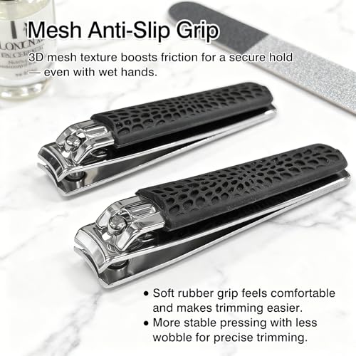 Black Non-Slip Stainless Steel Nail Clippers Set – 2 Large Long-Handle Toenail & Fingernail Trimmers with Textured Silicone Grip