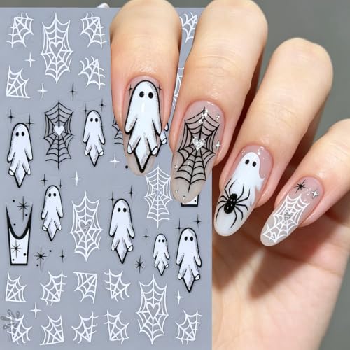 Halloween Ghost Skull Nail Art Stickers Spider Webs Flame Nail Art Decals 4 Sheets 3D Self-Adhesive Pumpkin Face Spider Stickers Heart Ghost Nail Design for Women Halloween Nail Supplies - color: Halloween Style7