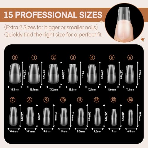 Luckyfairy Coffin Nails Tips-15 Sizes Pre-buff Matte Full Cover Gel Nail Tips 360pcs Medium Clear Coffin False Acrylic Nail Tips for Nail Extensions DIY Art
