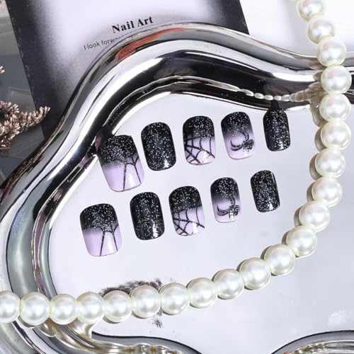 Halloween Press on Nails Square Shaped Fake Nails Cobweb & Spider False Nail with Glitter Designs Halloween Glue on Nail Black Bling Artificial Acrylic Nails for Women 24Pcs - color: Halloween style 07