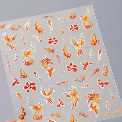 5D Embossed Nail Stickers Gold Phoenix Feather Flame Self Adhesive - color: Gold Phoenix