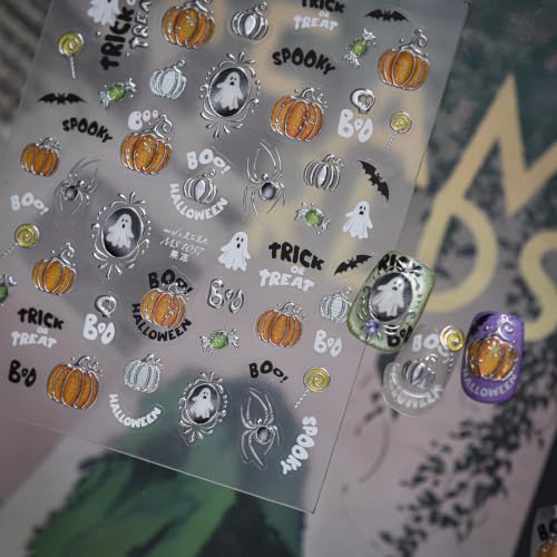 Halloween Nail Stickers 5D Ghost Pumpkin Spider Nail Decals for Nail Art - color: Multicolor-090