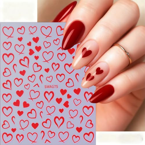 6 Sheets Heart Nail Stickers for Nail Art 3D Self-Adhesive Valentines Nail Art Stickers with Red Silver Gold Hollow Hearts Design Cute Love Heart Nail Decals DIY Manicure Decoration Kit for Women - style: Heart Nail Stickers-11