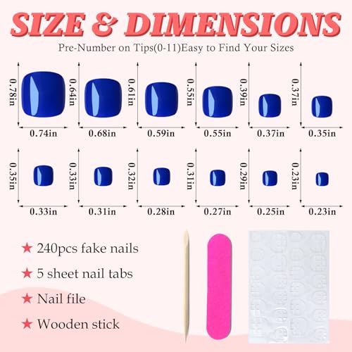 168pc Press on Toenails Women Fake Toe Nails with Adhesive Tabs, Blue Fake Toenails Press on Nails Toe Acrylic Nail Tips Short Square False Toenails Artificial Toe Nails Press ons - color: Blue