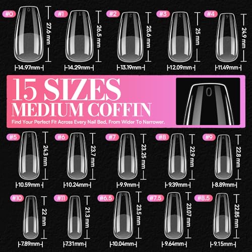 Makartt Coffin Nail Tips: Medium, 240PCS, 15 Sizes, Half Matte, Clear Acrylic, Full Cover Ballerina Press on Nails Extensions Supplies Salon and DIY Extension for Long-Lasting Manicure - size: Medium-Long