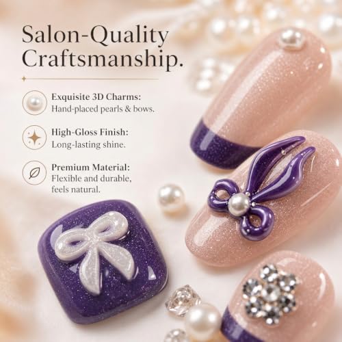 54pcs Dark Purple French Tip Press on Nails and Toenails Set, 3D Ribbon Bows & Pearls Fake Nails, Shimmer Nude False Nails Square Coffin Shape, Coquette Aesthetic Manicure Kit for Women - color: Dark Purple French