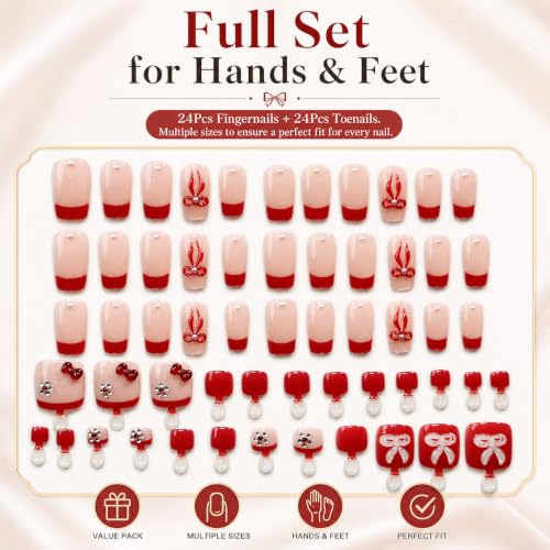 54pcs Red French Tip Press on Nails and Toenails Set, 3D Bows and Pearls Fake Nails Coffin Shape, Full Cover Red False Toe Nails Bundle, Coquette Aesthetic DIY Manicure Kit for Women - color: Red French