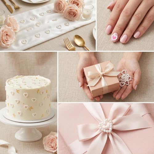 500 Pcs Pearl Heart Table Scatter Confetti, Faux Pearl Heart Bead Charms for Nail Art Manicure, Wedding Table Scatter, Cake Decor and Gift Wrapping DIY Crafts