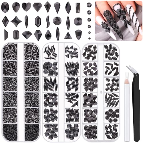 2750Pcs Black Glass Nail Rhinestones 240Pcs Multi Shapes Flatback Nail Gems + 2510Pcs 1.5-4mm Round Crystal, Manicure Nail Charms Diamond Gemstones for Acrylic Nails Decoration - color: 26 Black Crystal, size: 3 pack