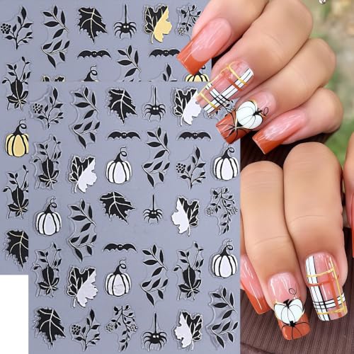 8 Sheets Halloween Pumpkin Nail Stickers 3D Self-Adhesive Spider Web Nail Decals Black Maple Leaf Glitter Pumpkin Nails Design Cute Spider Nail Supplies Manicure Sticker for Women Holiday Decoration - style: spider web