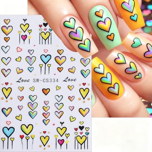 4 Sheets Valentines Nail Stickers 3D Self-Adhesive Red Hearts Nail Art Stickers with Colorful Love Hearts Bow Designs Retro Graffiti Double Heart Nail Decals Holiday Nail Art Supplies for Women DIY - style: Bow Nail Stickers-12