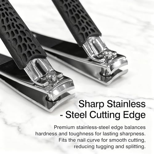 Black Non-Slip Stainless Steel Nail Clippers Set – 2 Large Long-Handle Toenail & Fingernail Trimmers with Textured Silicone Grip