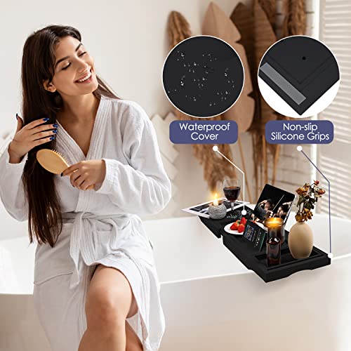 Foldable Bathtub Tray Caddy with Soap Dish Adjustable 29.5-43''Black - color: Black