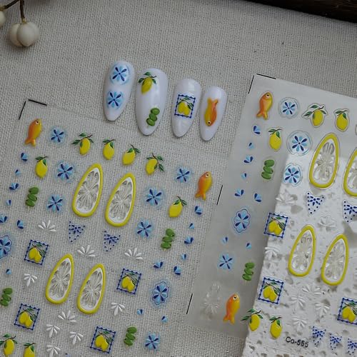 1 Sheet Bohemian Nail Stickers 5D Embossed Lemon Nail Decals Summer Fruit Nail Design Small Fish Nail Art Stickers Beach Nail Accessories Boho Style Blue Floral Nail Supply for Women Manicure DIY - color: Bohemian
